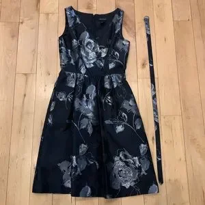 White House Black Market | Dresses | Whbm Metallic Floral Jacquard Fit And Flare  Dress With Pockets And Belt | Poshmark